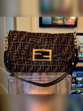 Fendi Brown and Black FF Logo Shoulder Bag with Gold Hardware